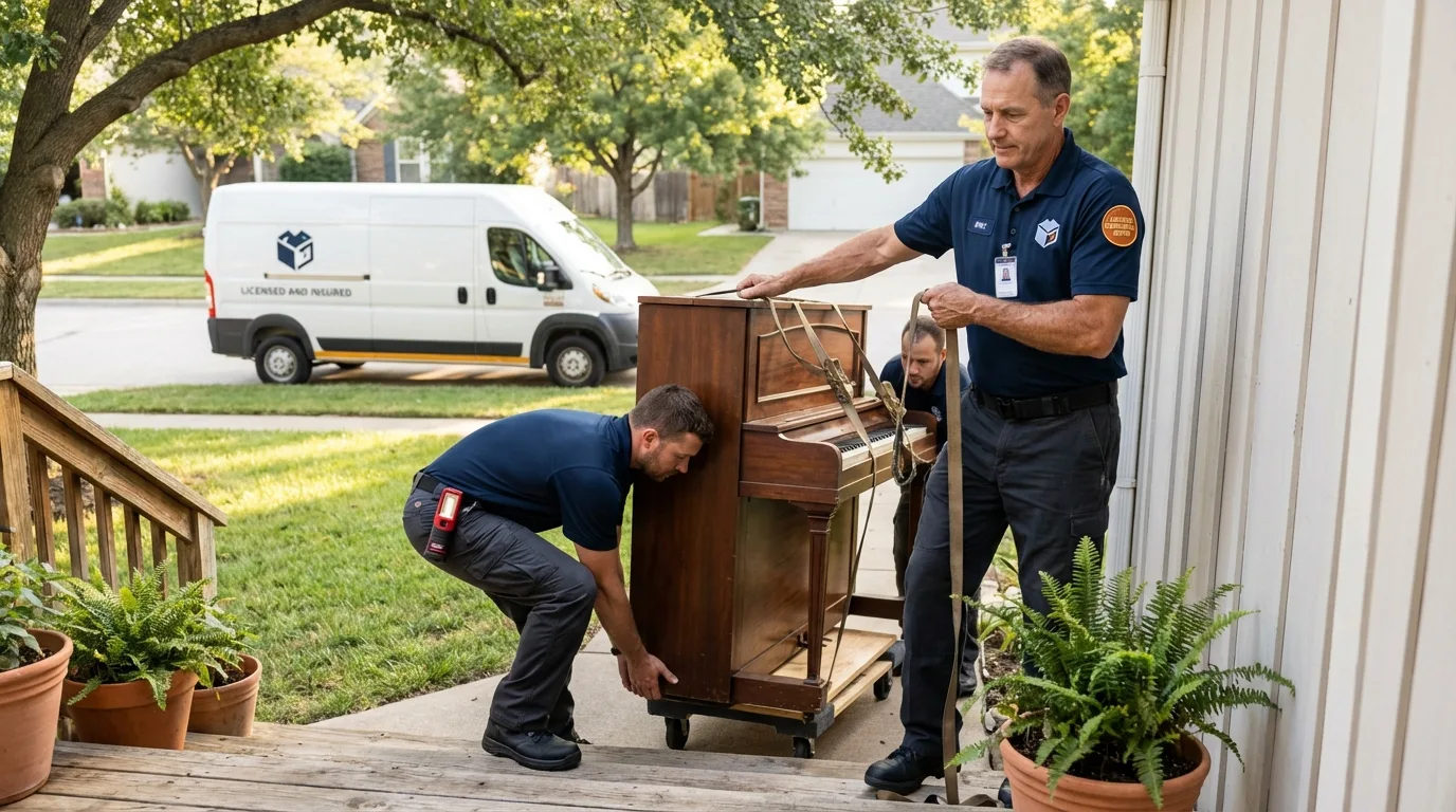 Licensed piano movers securing grand piano in Otis, MA