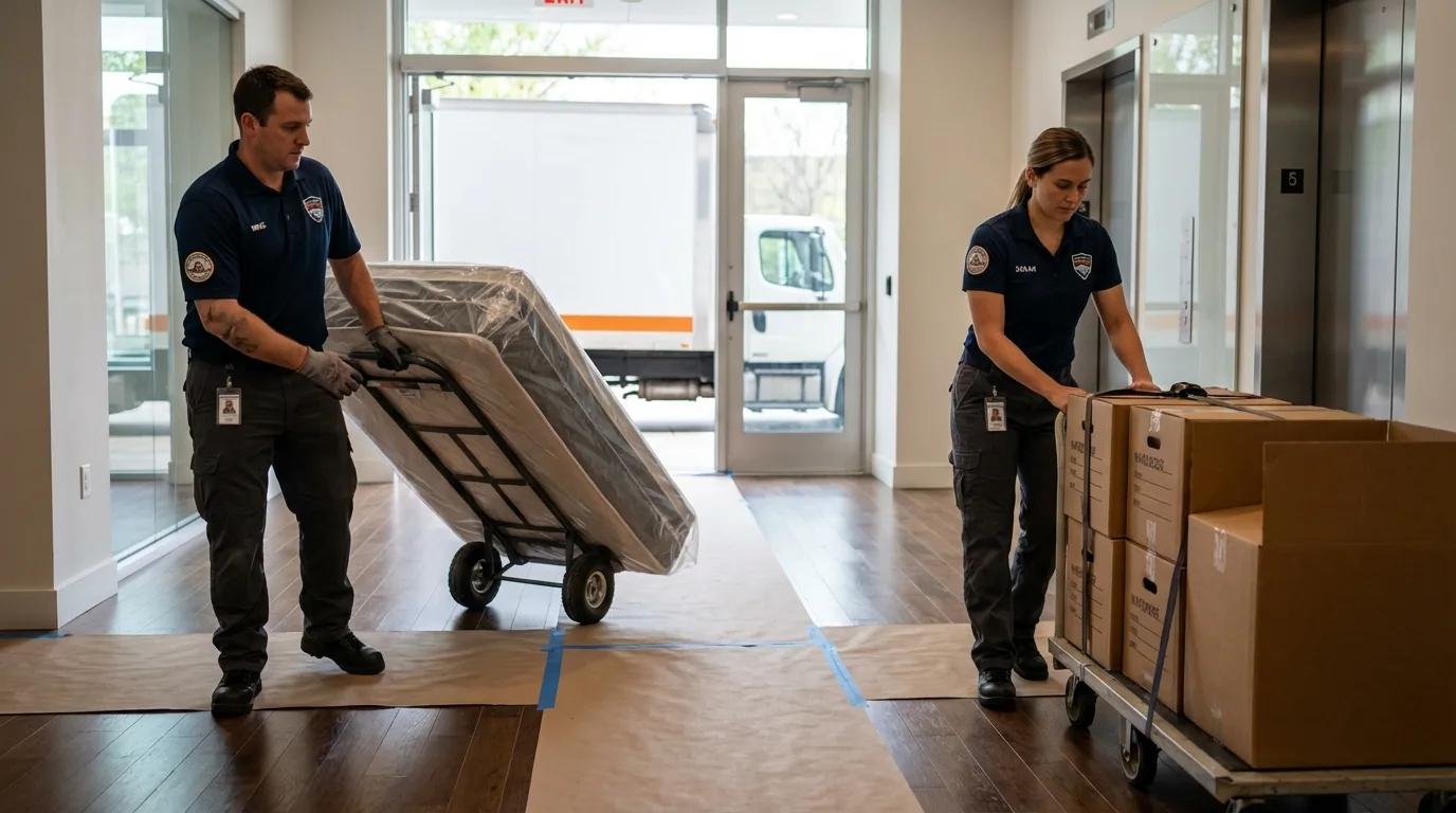 Professional apartment movers loading elevator in Otis, MA